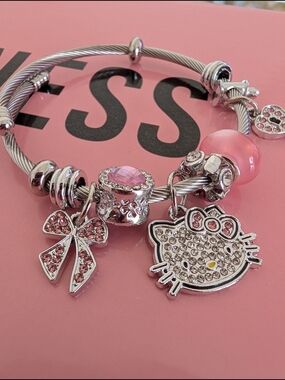 Hello Kitty Silver and Pink Charm Bangle Bracelet
